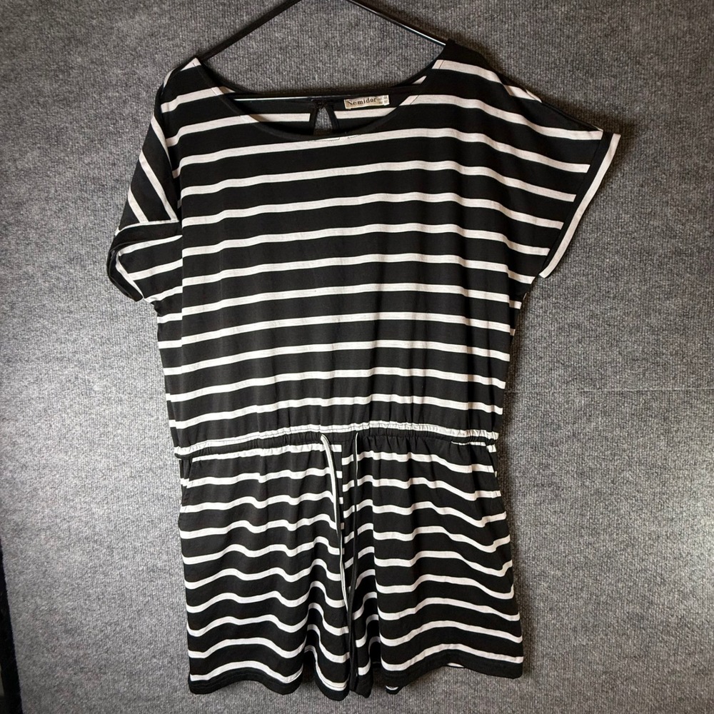 Nemidor Womens Plus Size 20 Black White Striped Short Sleeve Pocket Romper